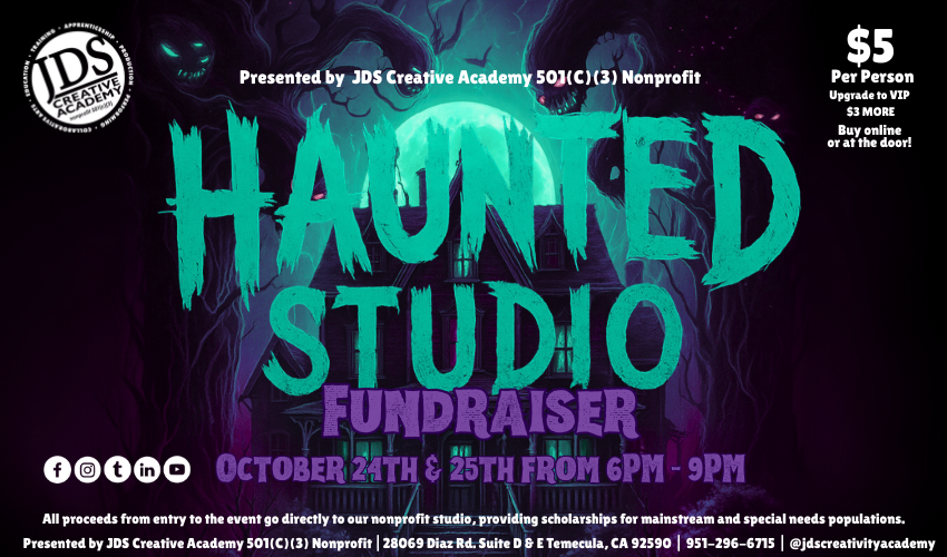 Haunted Studio Temecula 2025 poster promoting JDS Creative Academy’s Halloween fundraiser and community event.