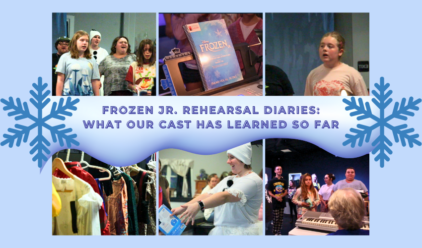 Frozen Jr cast rehearsing on stage, practicing dance and singing together