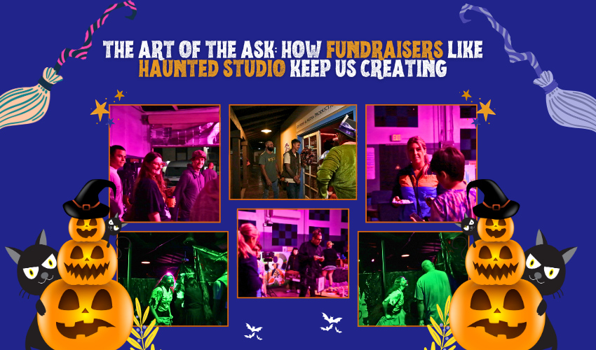 Guests enjoying Haunted Studio fundraiser event celebrating creativity and community