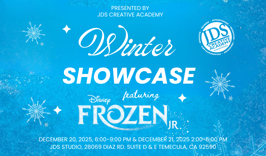 JDS Creative Academy students performing in Frozen Jr., showcasing costumes, stage set, and excitement.