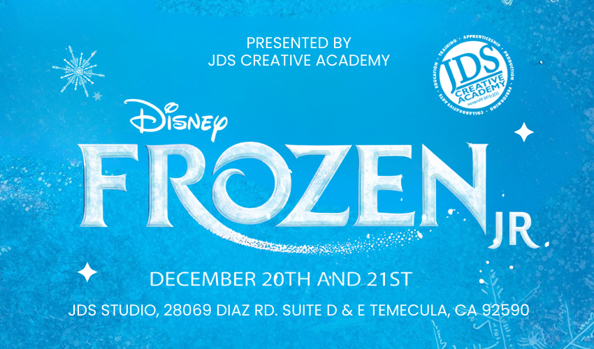Frozen Jr. cast performing on stage at the JDS Creative Academy Winter Showcase with students in colorful costumes expressing emotion and teamwork